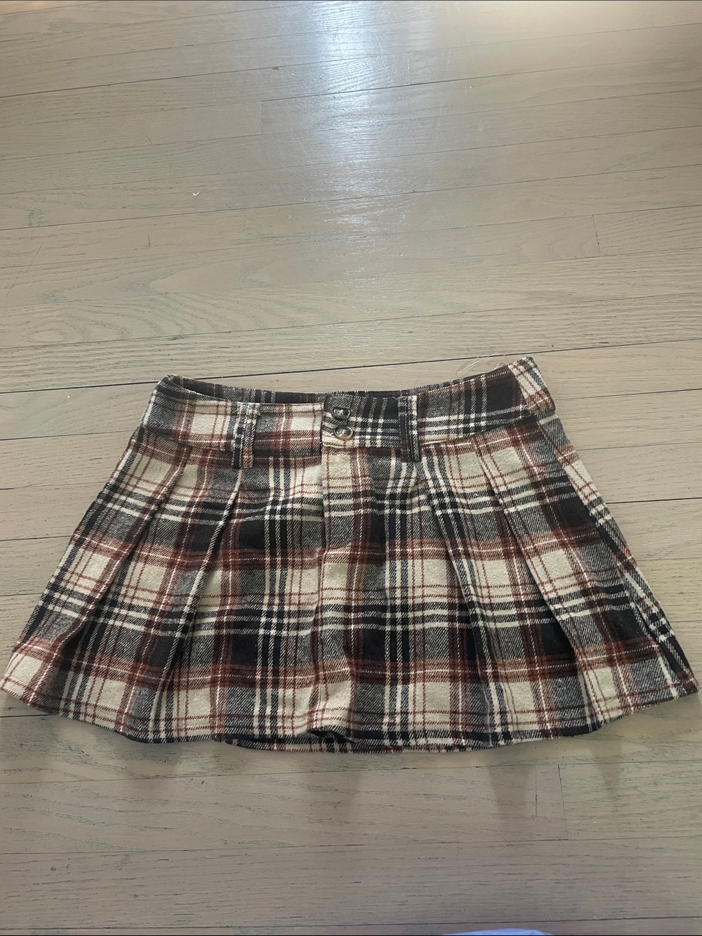 Plaid Pleated Mini Skirt in Cream, Brown & Black